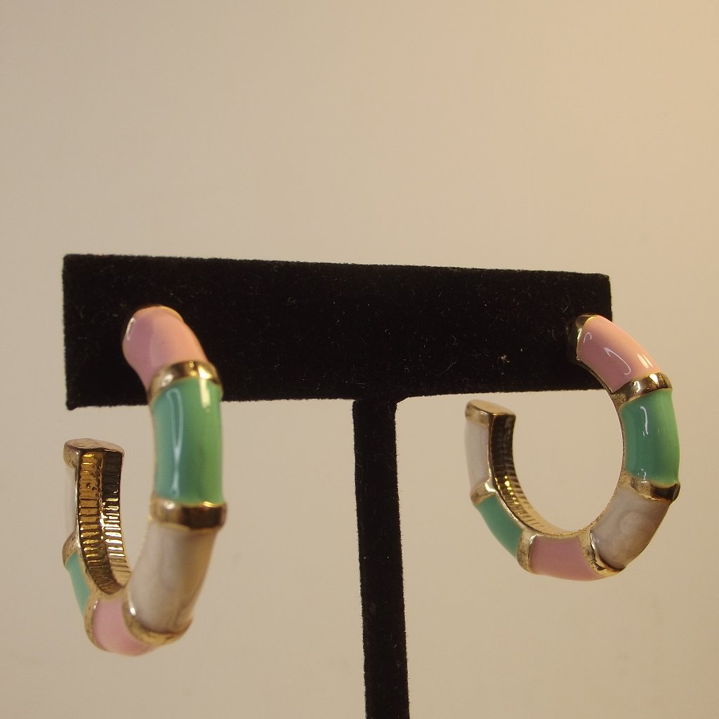 Enamel Earrings For Pierced Ears Gold Tone With Pink, Green & White Enamel
